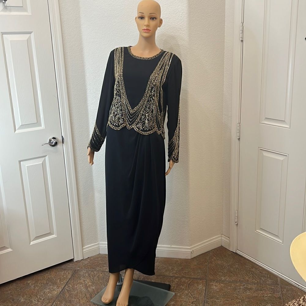 Black Gold Beaded Evening Formal Event Cruise Dress Scoop Neck Long Sleeve M/L